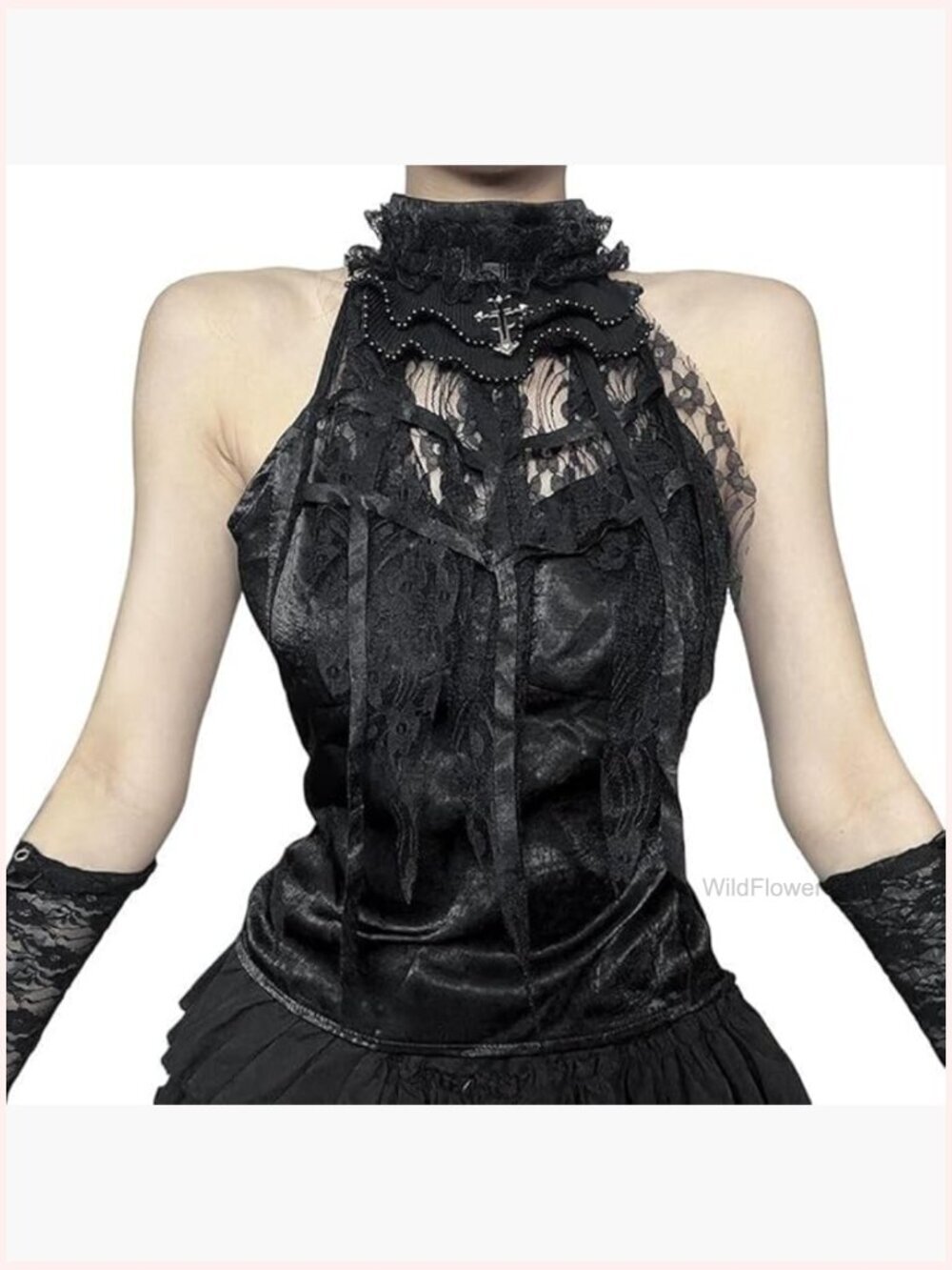 High Neck Crop Tank Top Sleeveless Lace Patchwork Goth Blouse